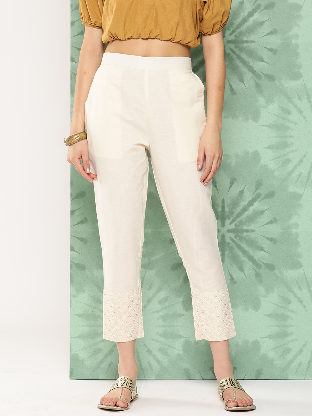 

Libas Women Floral Embroidered Sequinned Slim Fit Trousers, Beige