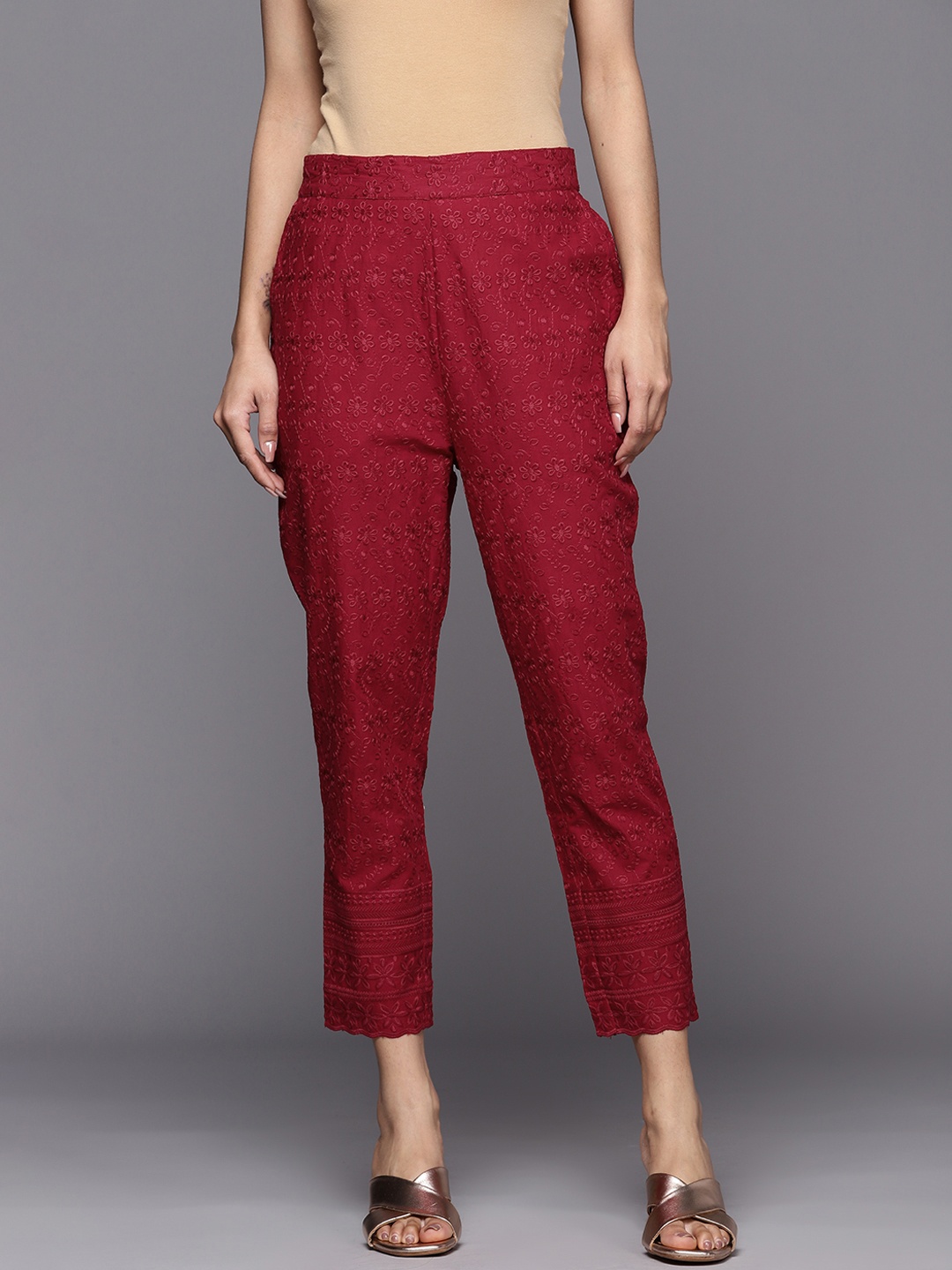 

Libas Women Maroon Floral Embroidered Slim Fit Trousers