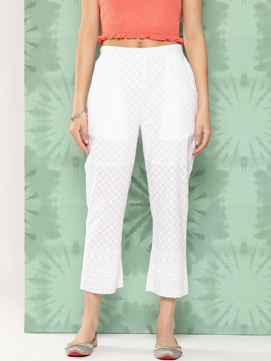 

Libas Women White Floral Embroidered Slim Fit Trousers