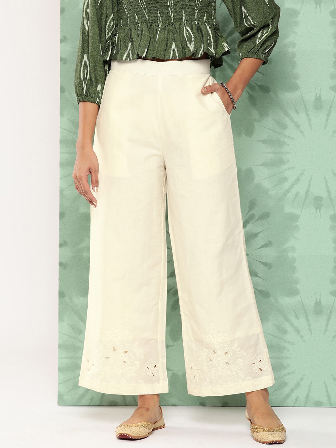 

Libas Floral Hem Design Cotton Ethnic Palazzos, Off white