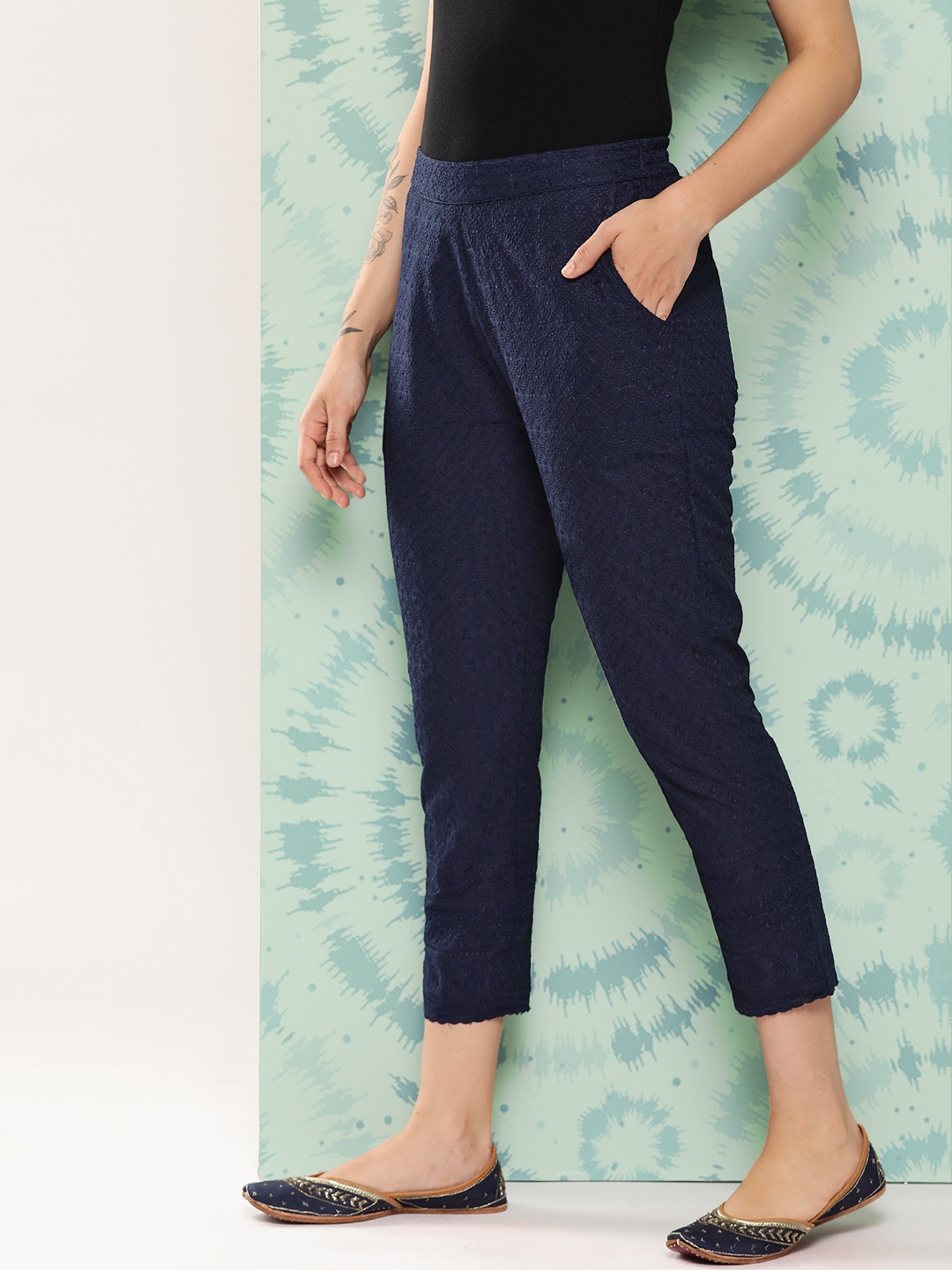 

Libas Women Navy Blue Floral Embroidered Slim Fit Trousers