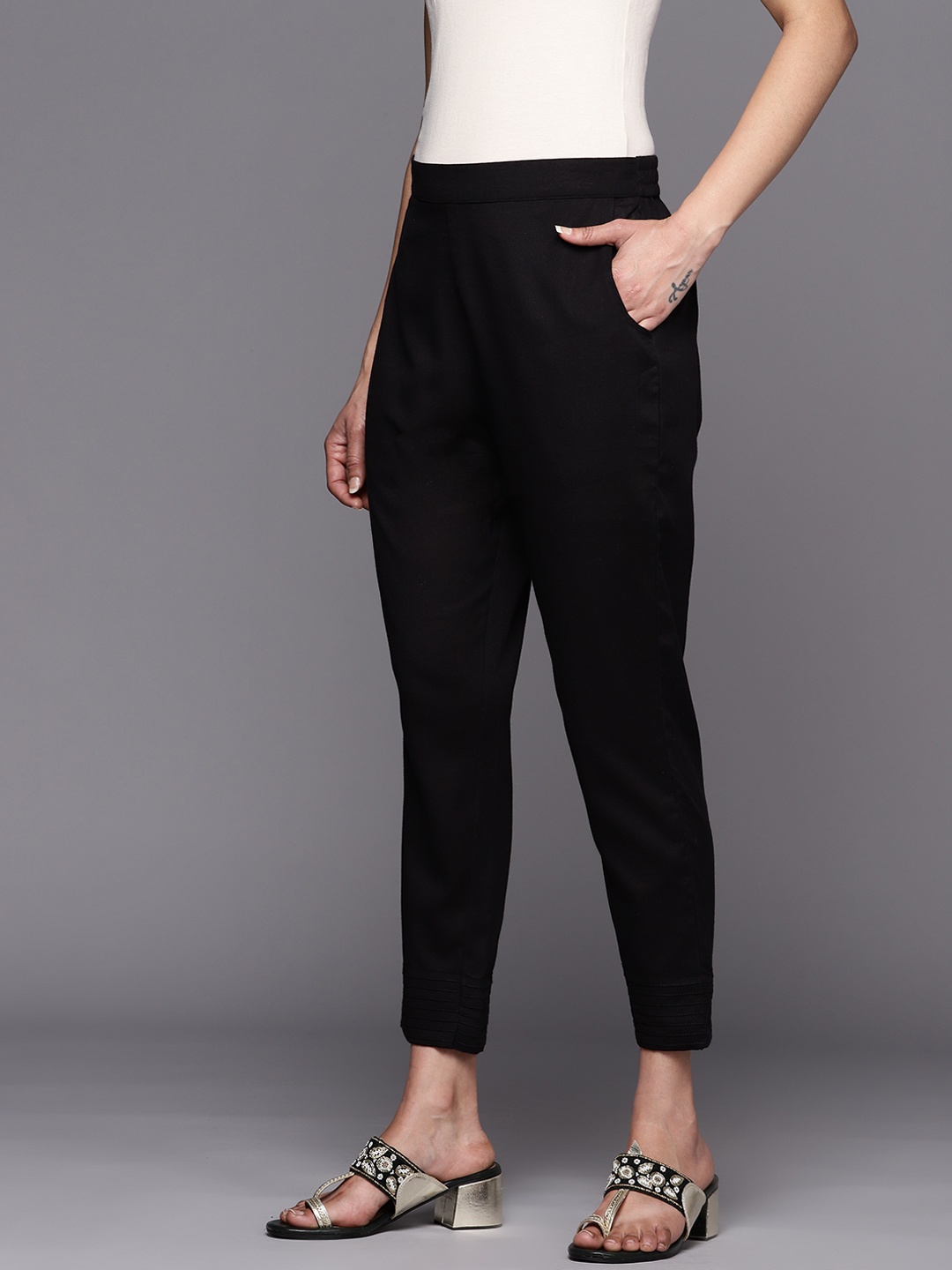 

Libas Solid Relaxed Straight Leg Cotton Trousers, Black