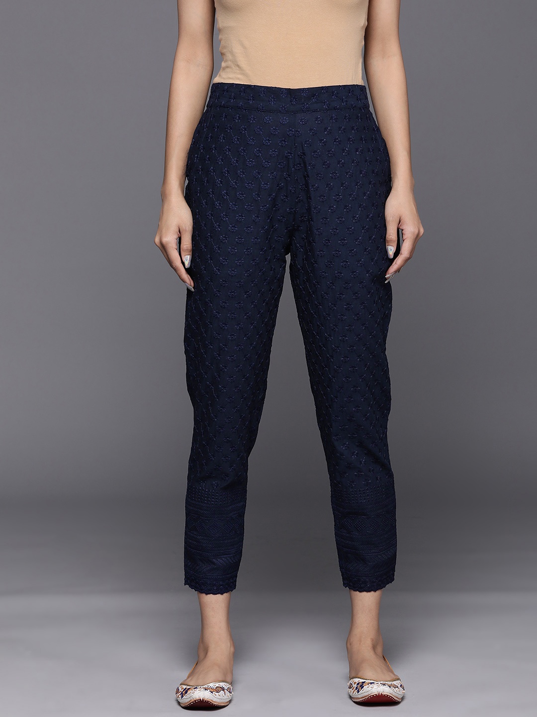 

Libas Women Navy Blue Floral Embroidered Slim Fit Trousers