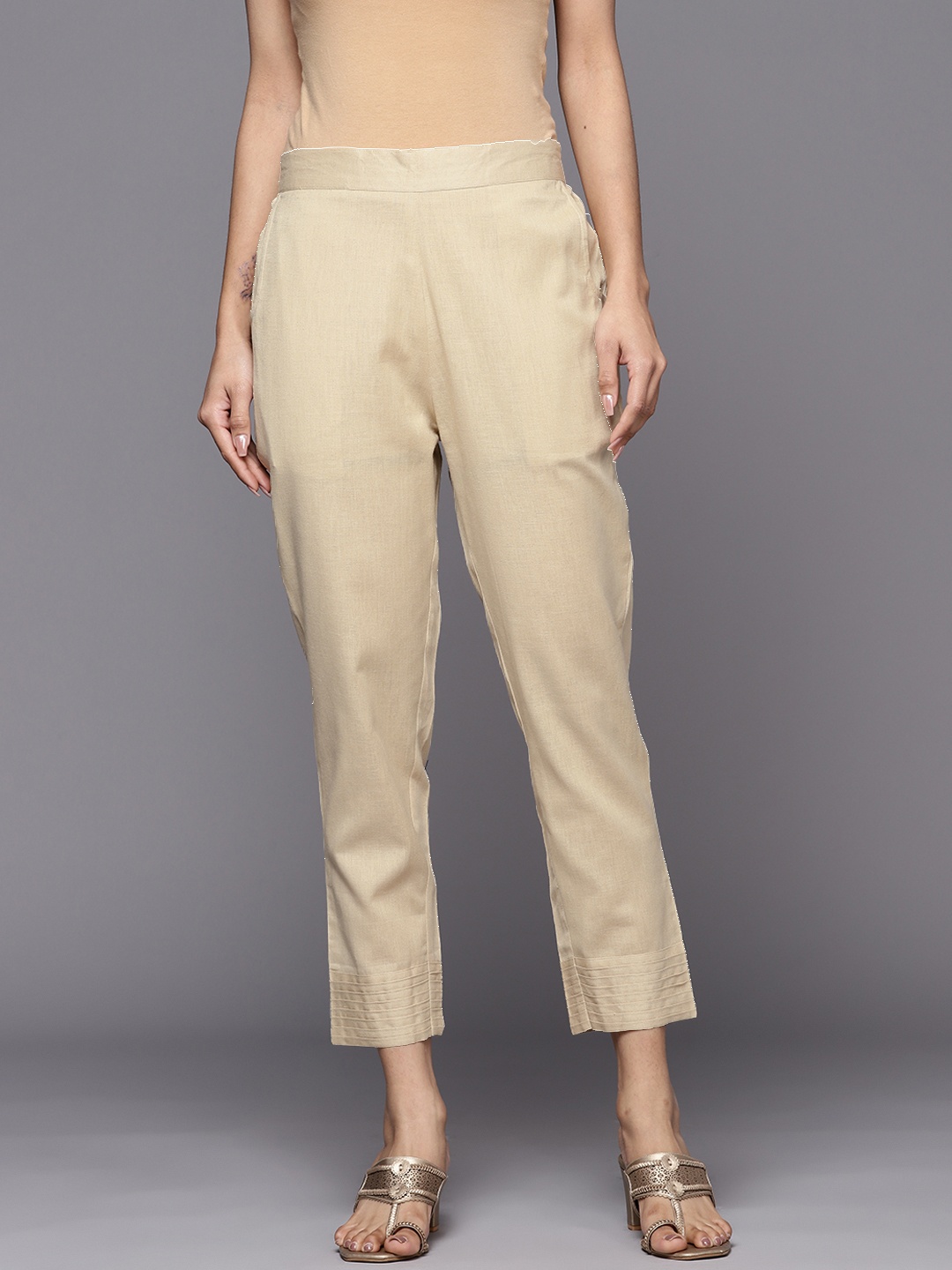 

Libas Women Solid Slim Fit Trousers, Beige