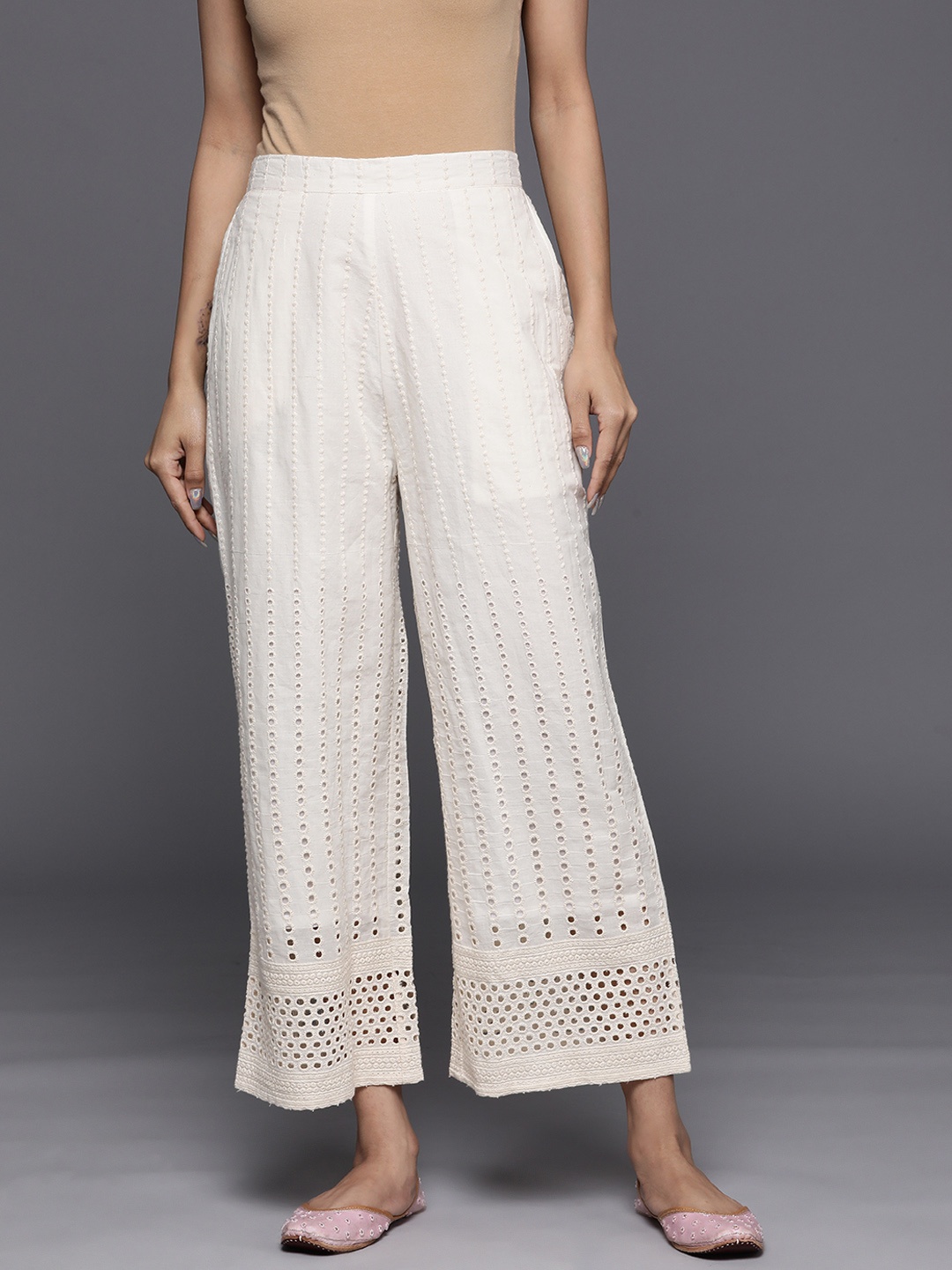

Libas Embroidered Cotton Ethnic Palazzos, Off white