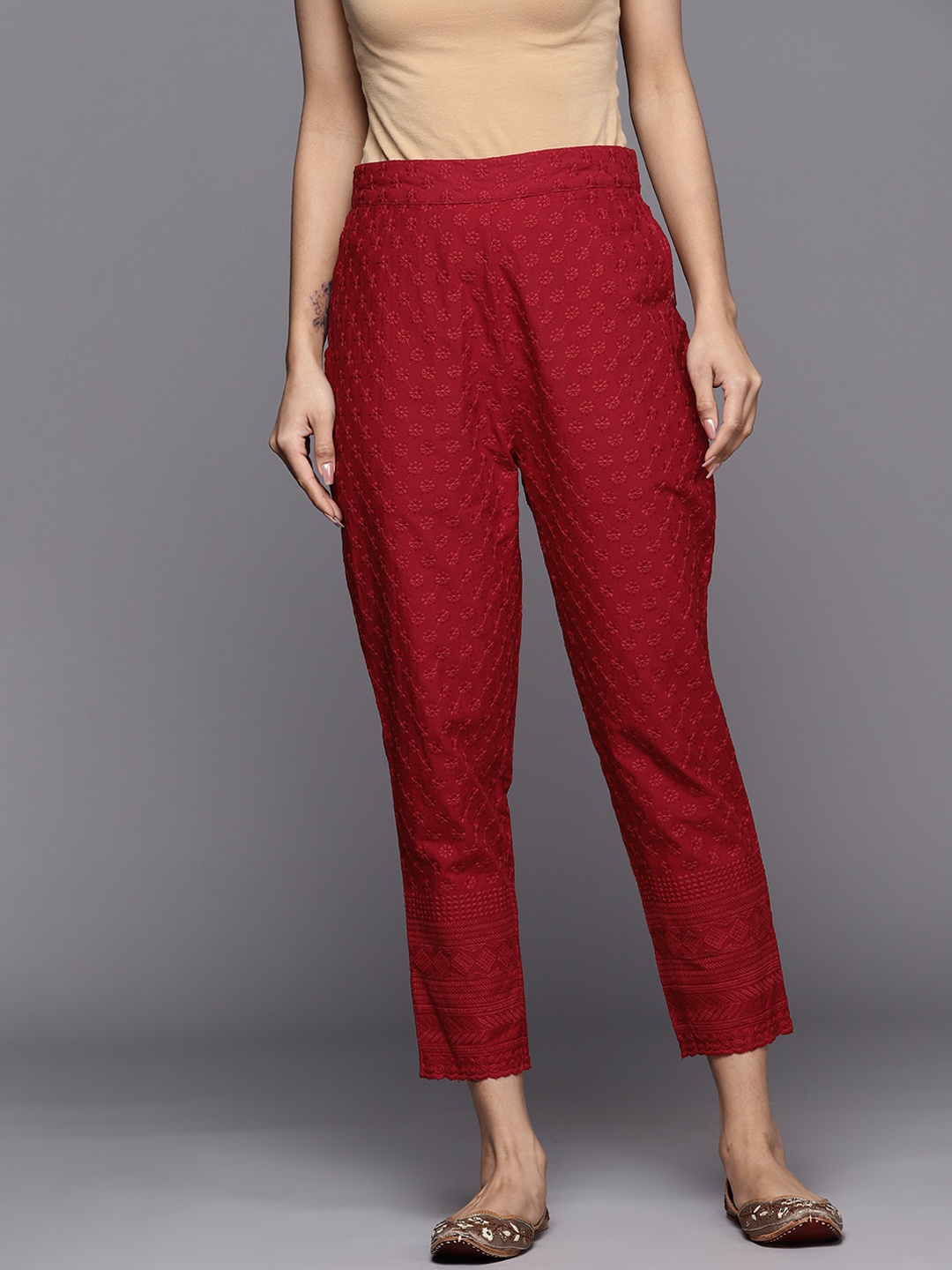 

Libas Floral Embroidered Relaxed Straight Leg Trousers, Maroon