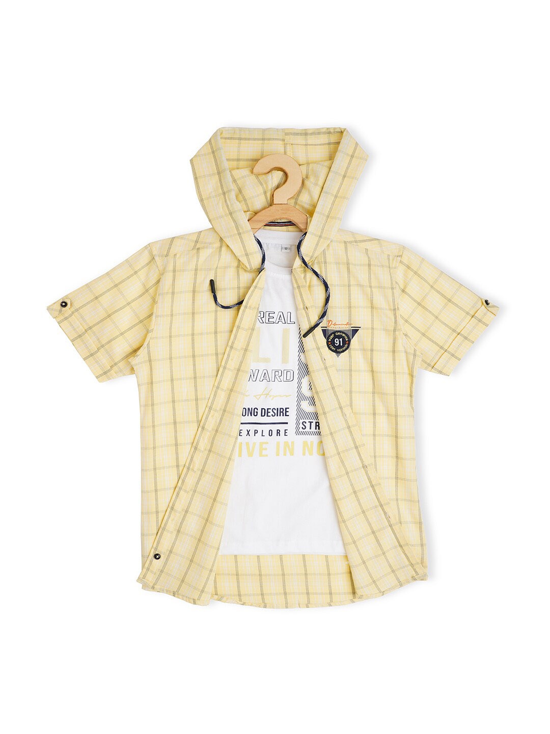 CAVIO Boys Comfort Checked Hooded Casual Cotton Shirt with T-Shirt, Yellow
