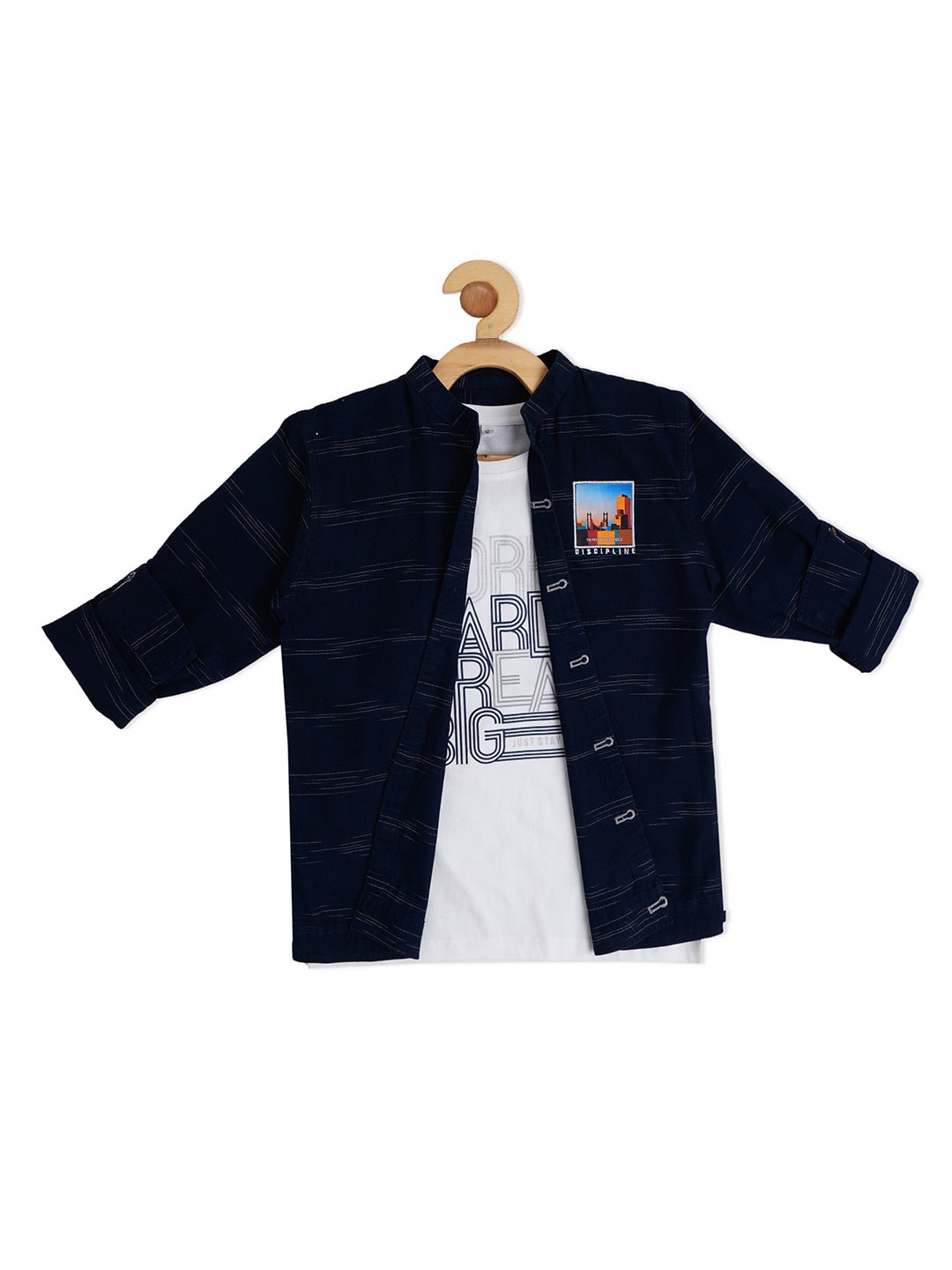 CAVIO Boys Abstract Printed Comfort Casual Denim Shirt with T-Shirt, Navy blue