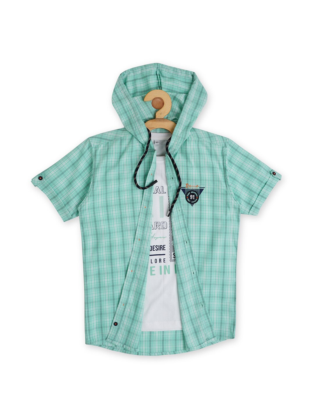 

CAVIO Boys Comfort Checked Hood Casual Cotton Shirt With T-Shirt, Sea green