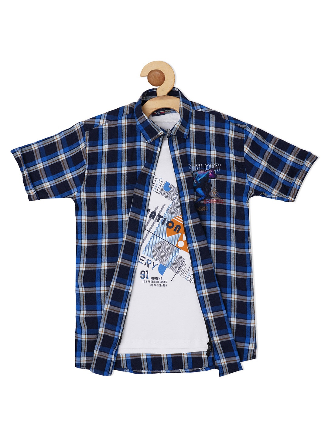 CAVIO Boys Comfort Checked Cotton Casual Shirt With Printed T-shirt, Navy blue