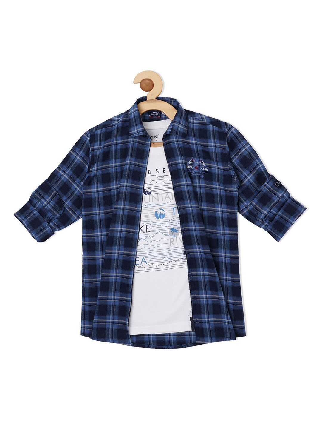 

Cavio Boys Tartan Checked Cotton Casual Shirt & T-Shirt, Blue