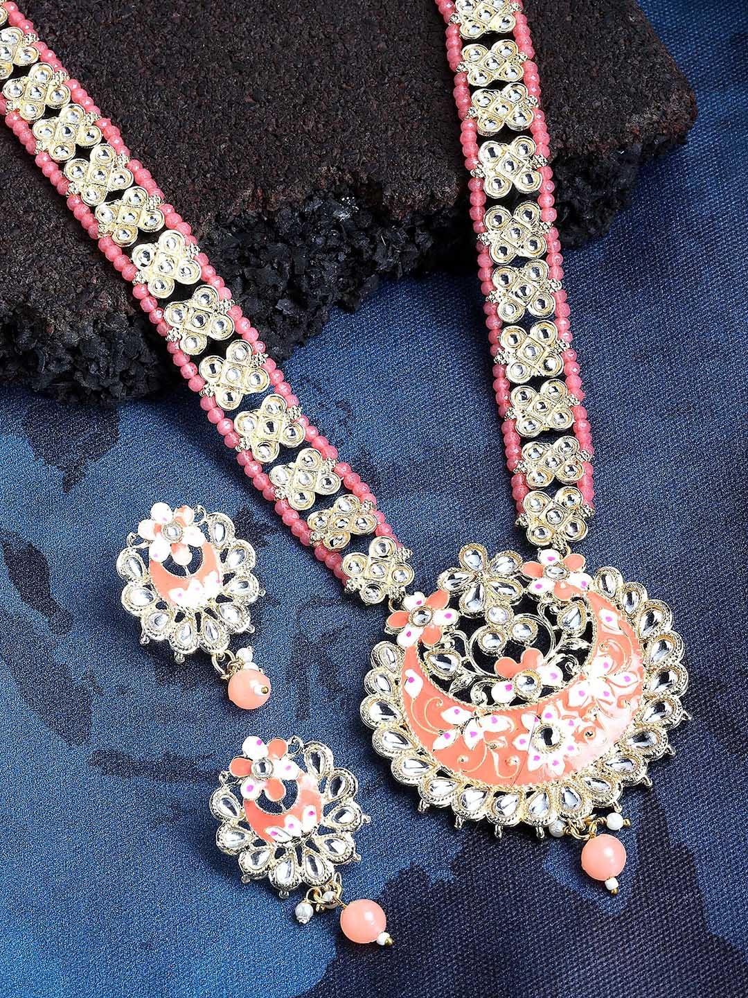 

KARATCART Gold-Plated Kundan Stone-Studded & Beaded Meenakari Jewellery Set, Peach