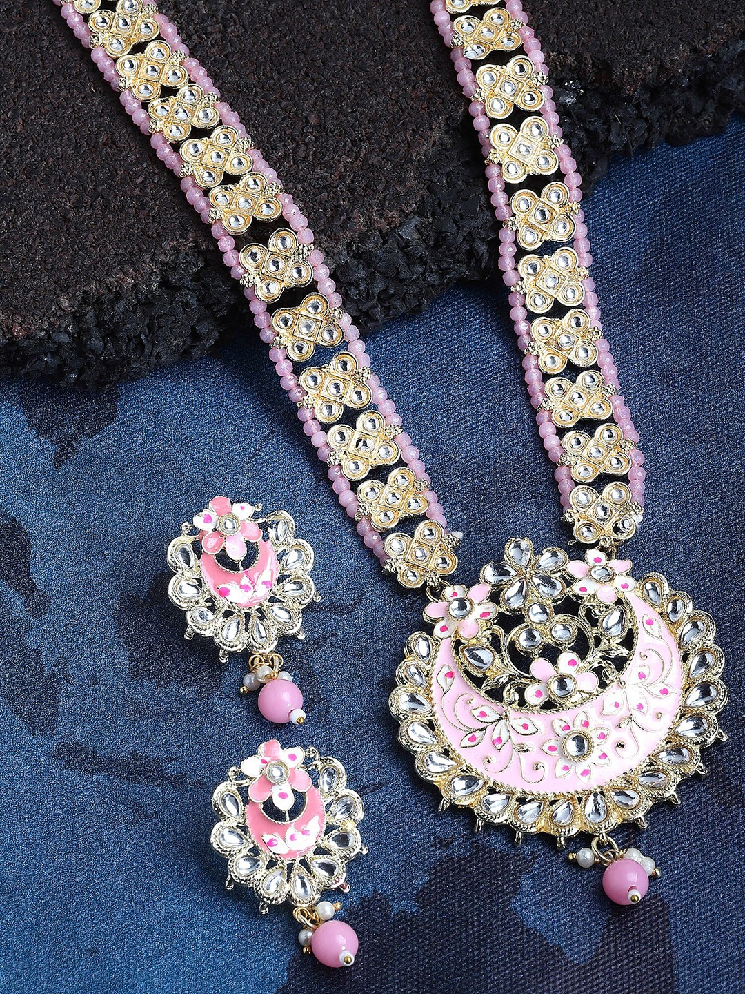 

KARATCART Gold-Plated Kundan-Studded & Beaded Ranihaar Jewellery Set, Pink