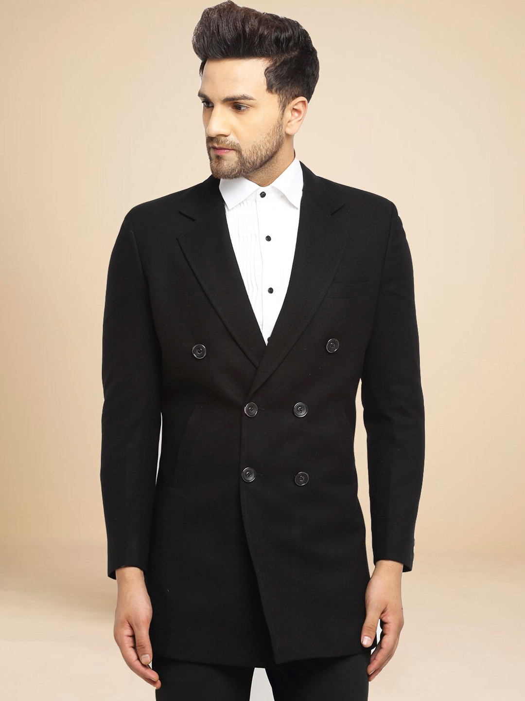 

LUXURAZI Men Slim Fit Wool Single-Breasted Long Overcoat, Black
