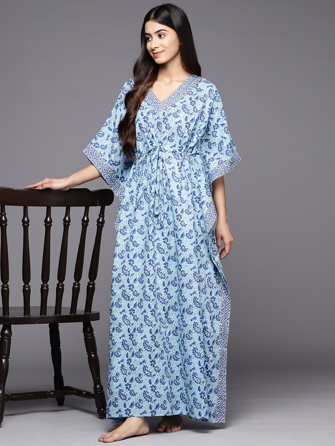 

Libas Printed Cotton Kaftan Maxi Night Dress, Blue