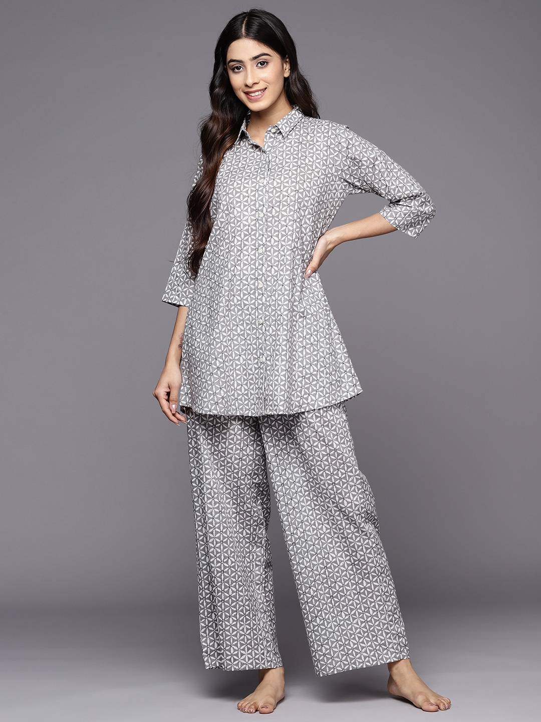 

Libas Printed Cotton Night suit, Grey