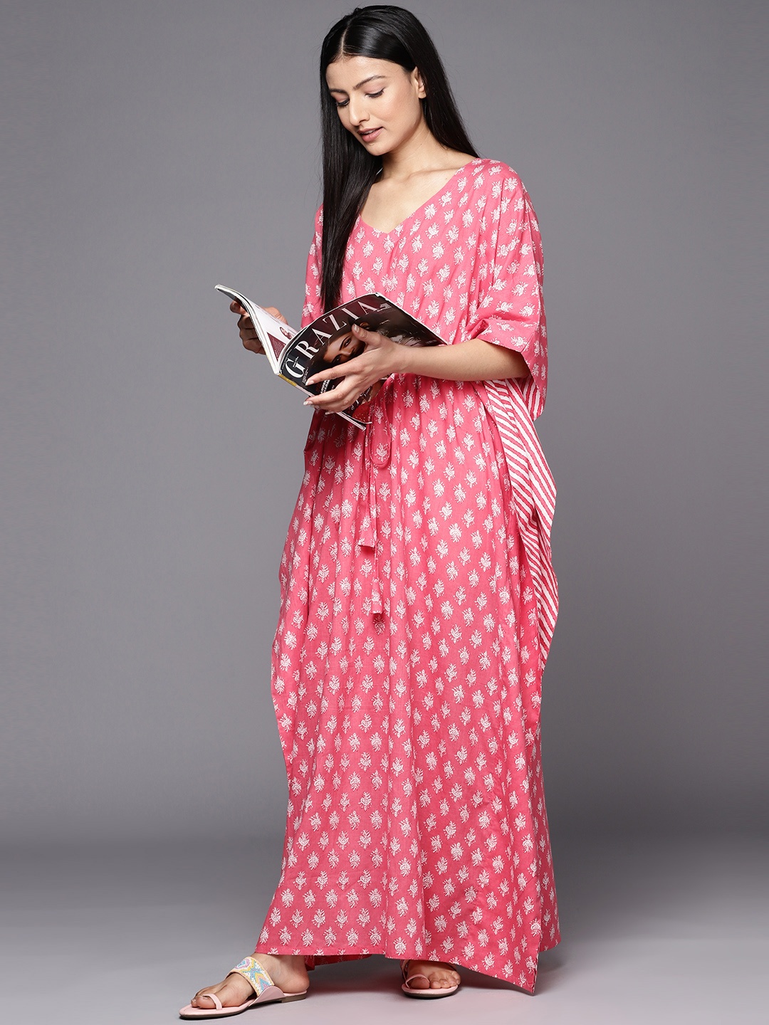

Libas Ethnic Motifs Printed Pure Cotton Maxi Kaftan Nightdress, Pink