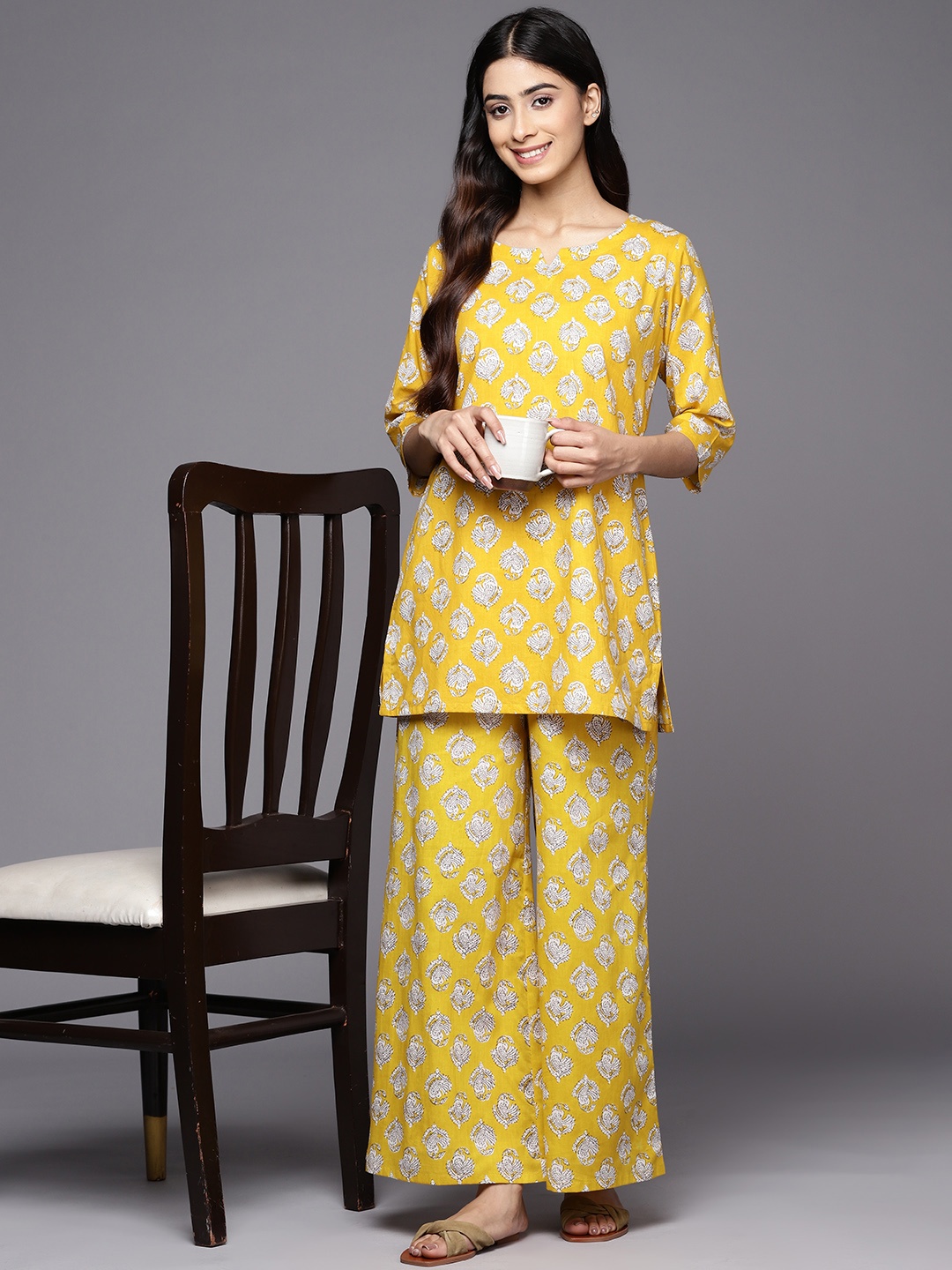 

Libas Printed Cotton Night suit, Mustard