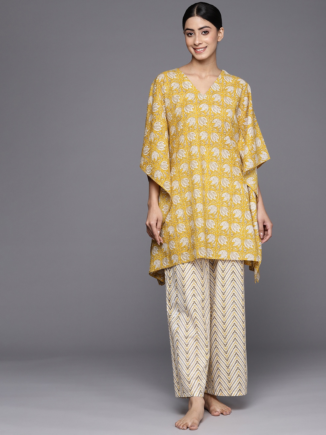 

Libas Floral Printed Pure Cotton Night Suit, Mustard