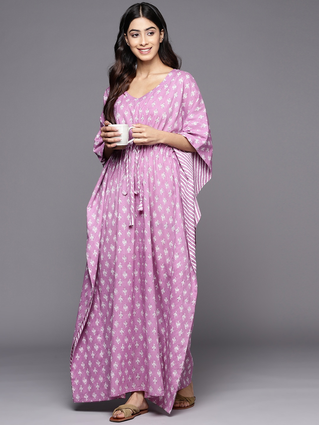 

Libas Ethnic Motifs Printed Pure Cotton Maxi Kaftan Nightdress, Lavender