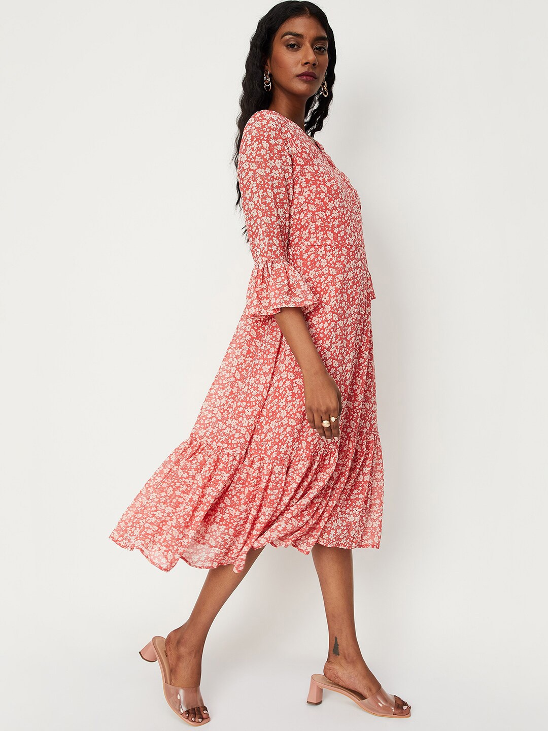 max Coral Bell Sleeve Floral Printed A-Line Midi Dress