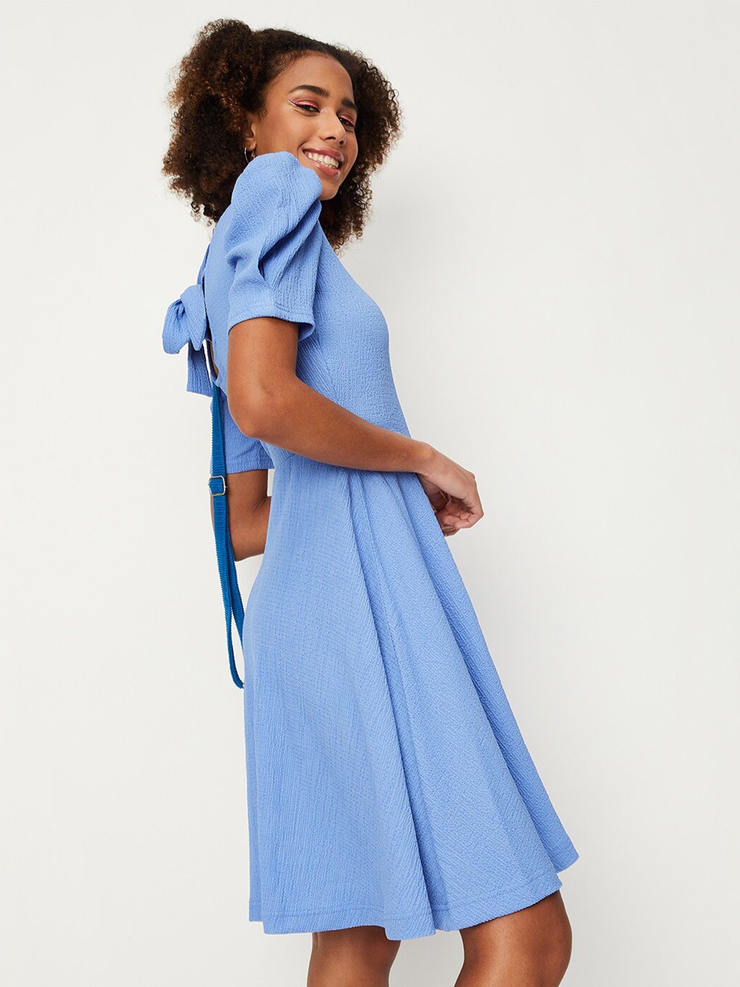 

max Round Neck Puff Sleeves Dress, Blue