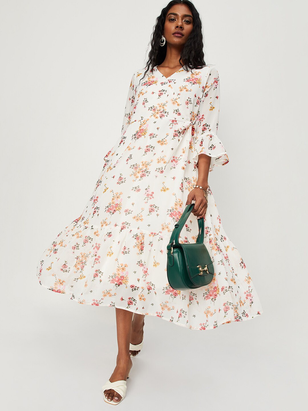 

max Floral Printed Midi Wrap Dress, Cream