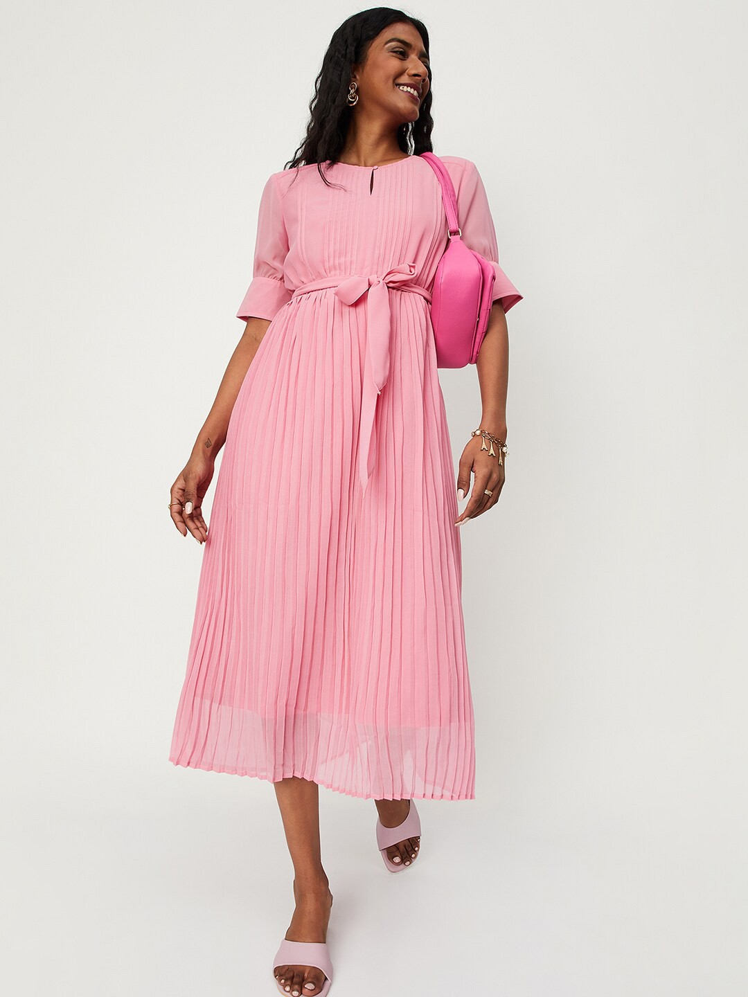 

max Keyhole Neck Puff sleeves A-line Dress, Pink