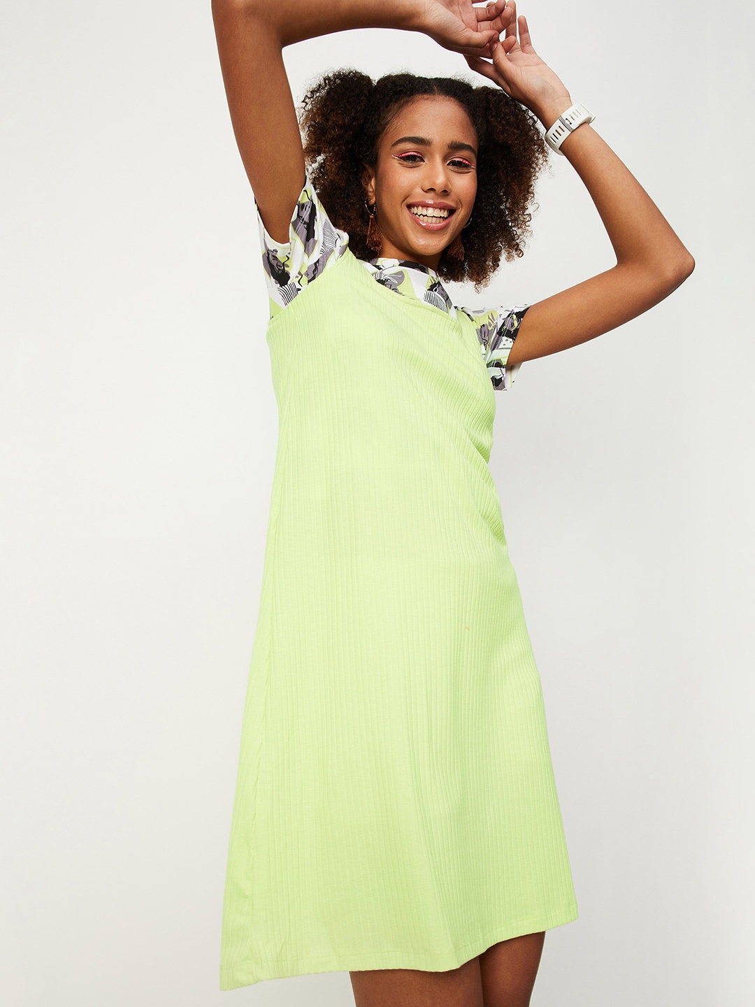 

max Self Design Square Neck Pinafore Mini Dress, Lime green