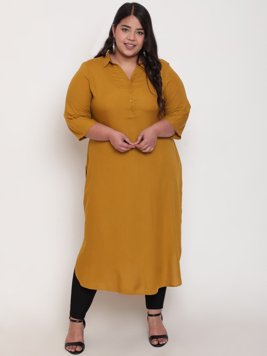 

Amydus Plus Size Shirt Collar Straight Kurta, Mustard