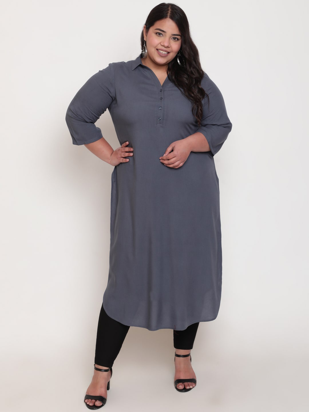 

Amydus Women Plus Size Shirt Collar Kurta, Grey