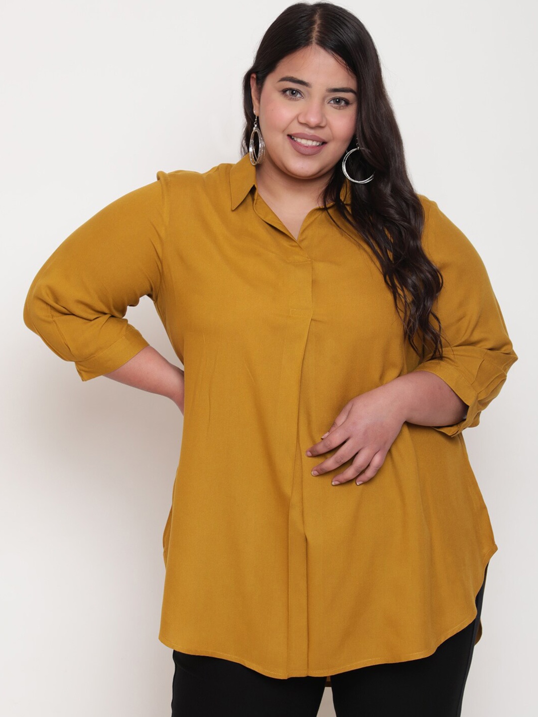 

Amydus Plus Size Cuffed Sleeves Shirt Style Top, Mustard