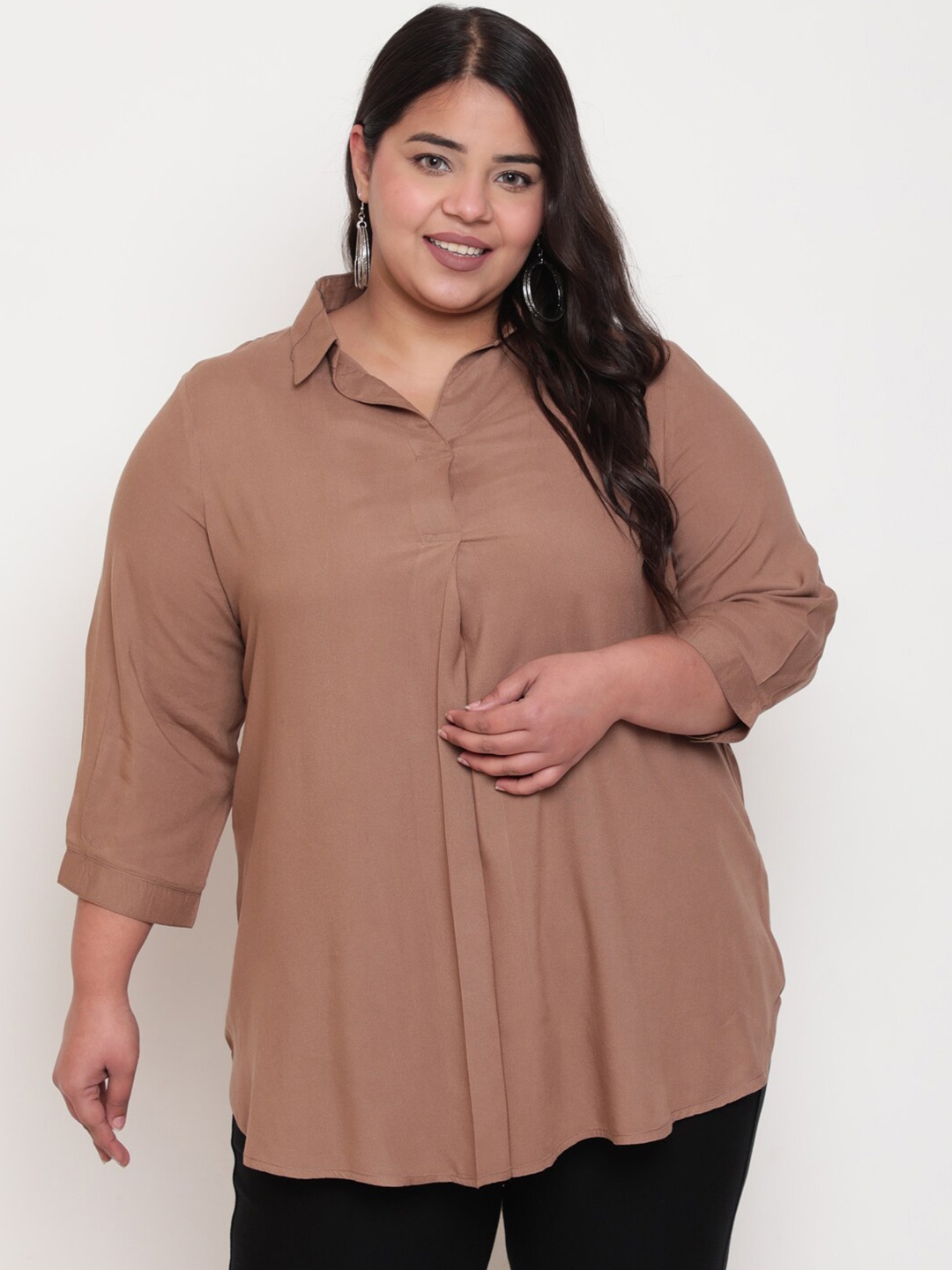 

Amydus Plus Size Cuffed Sleeve Shirt Style Top, Brown