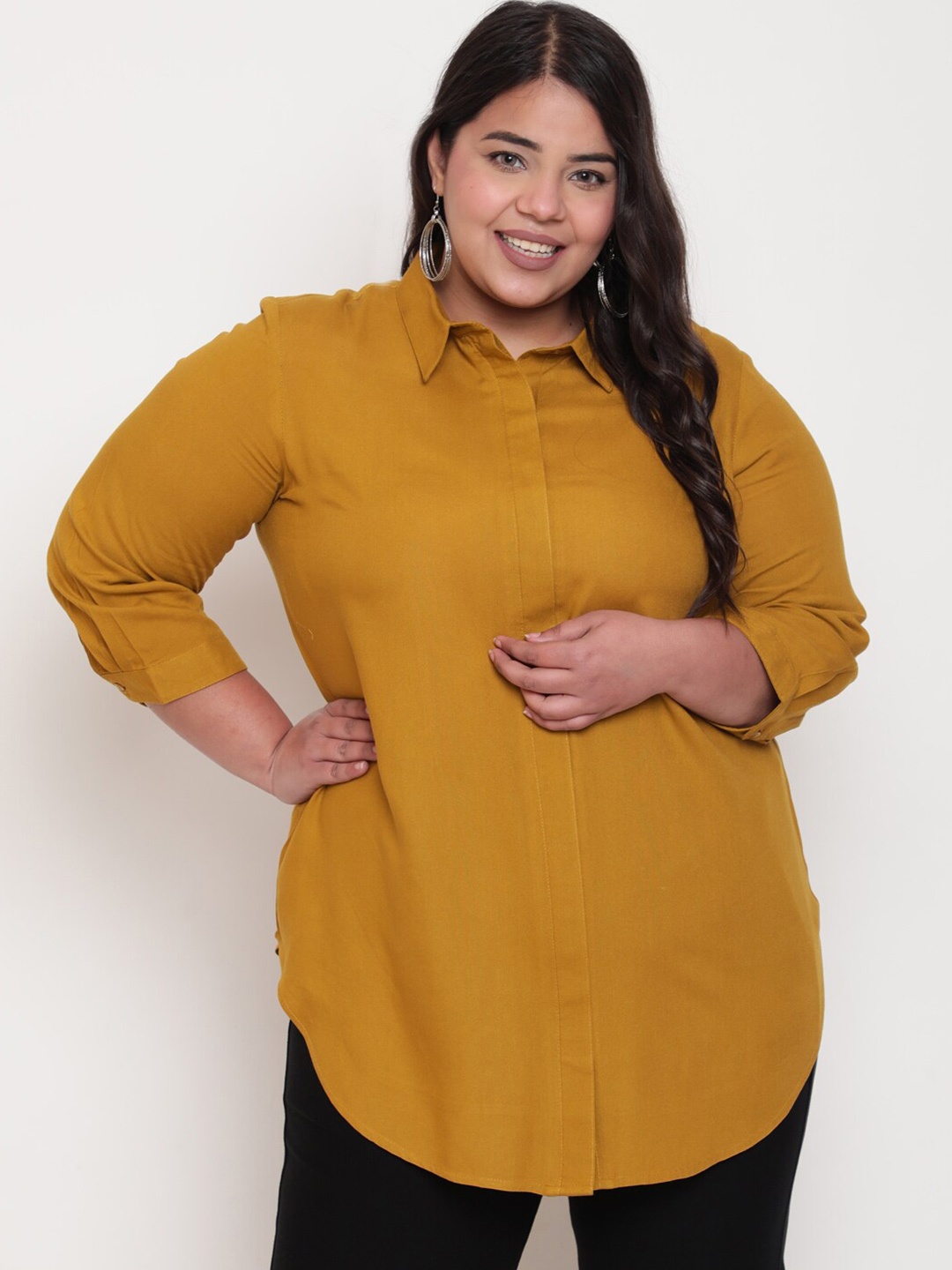 Amydus Women Plus Size Yellow Casual Cotton Shirt