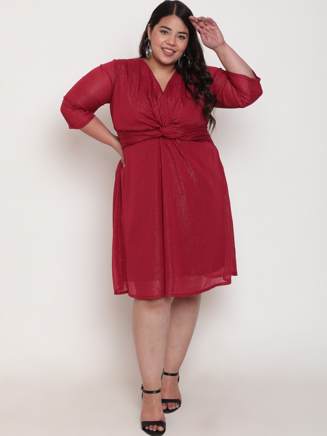 Amydus Plus Size Gathered Detail Wrap Dress, Maroon