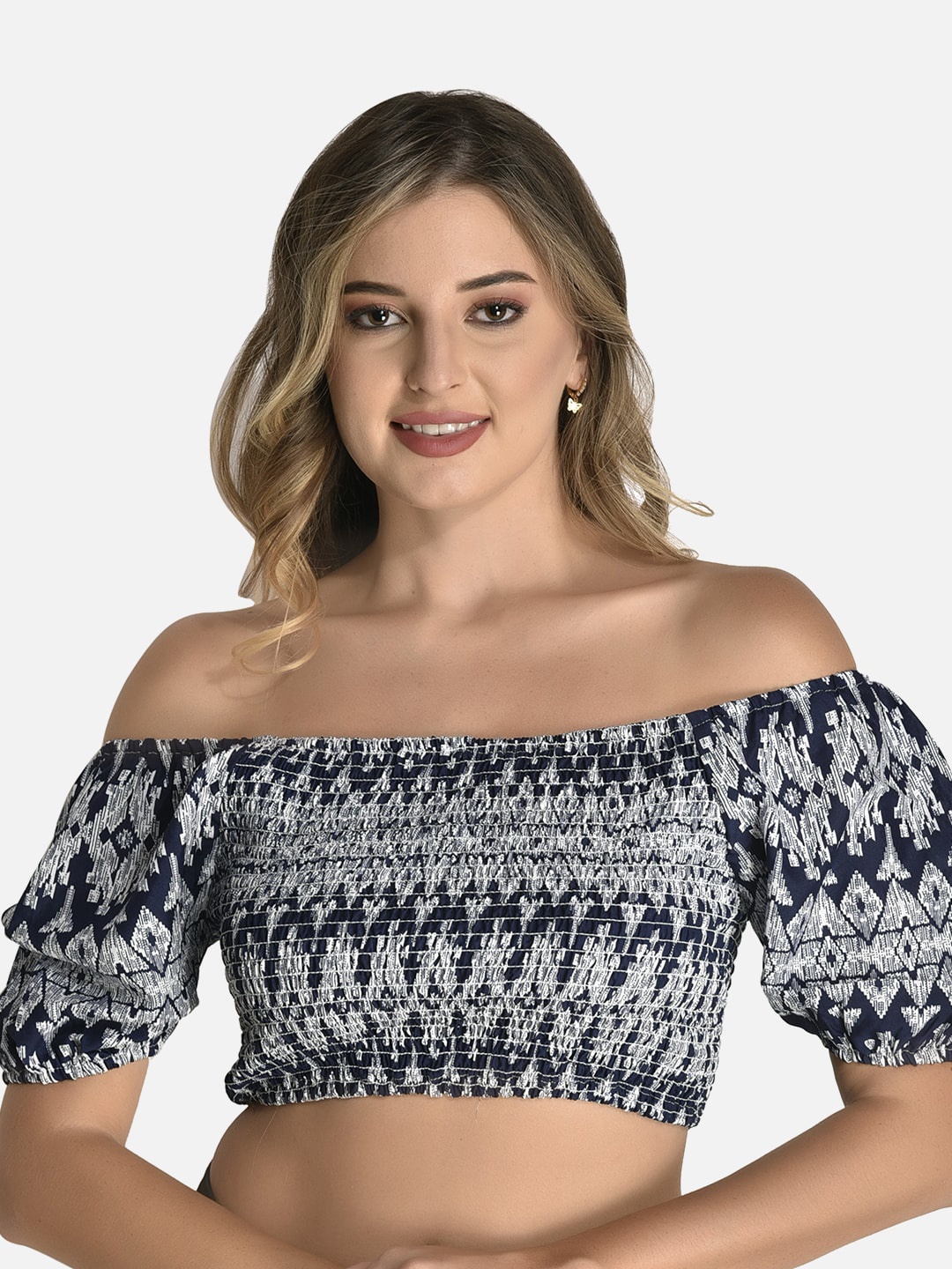 FIMS Floral Printed Off-Shoulder Bardot Crop Top, Navy blue