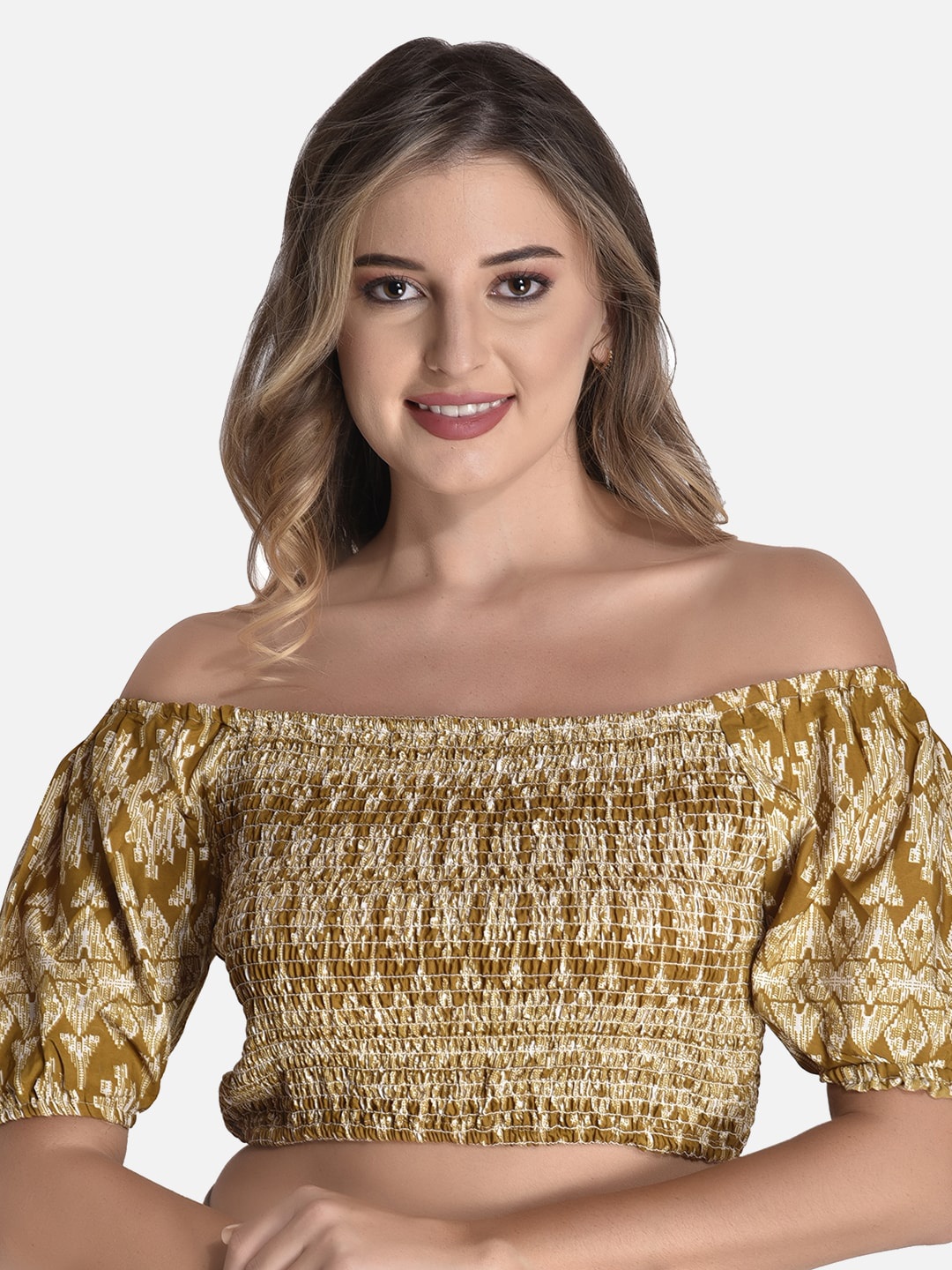

FIMS Mustard Ethnic Motifs Printed Off-Shoulder Bardot Crop Top