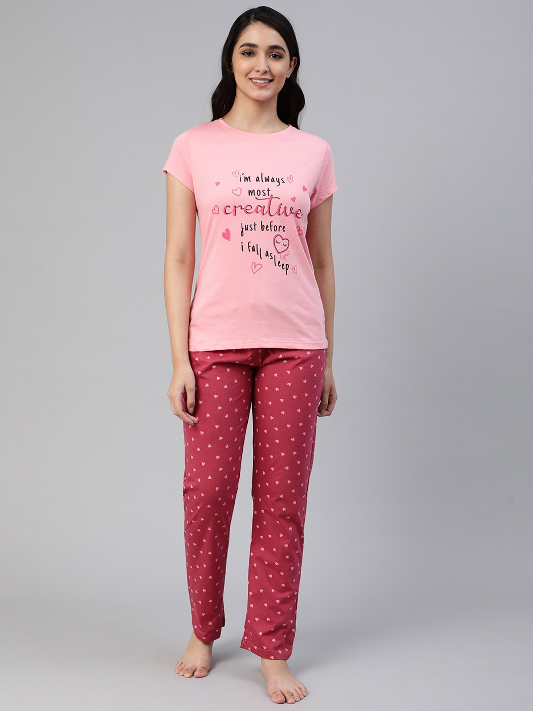 LYRA Women Typography Printed Pure Cotton Night Suit, Pink