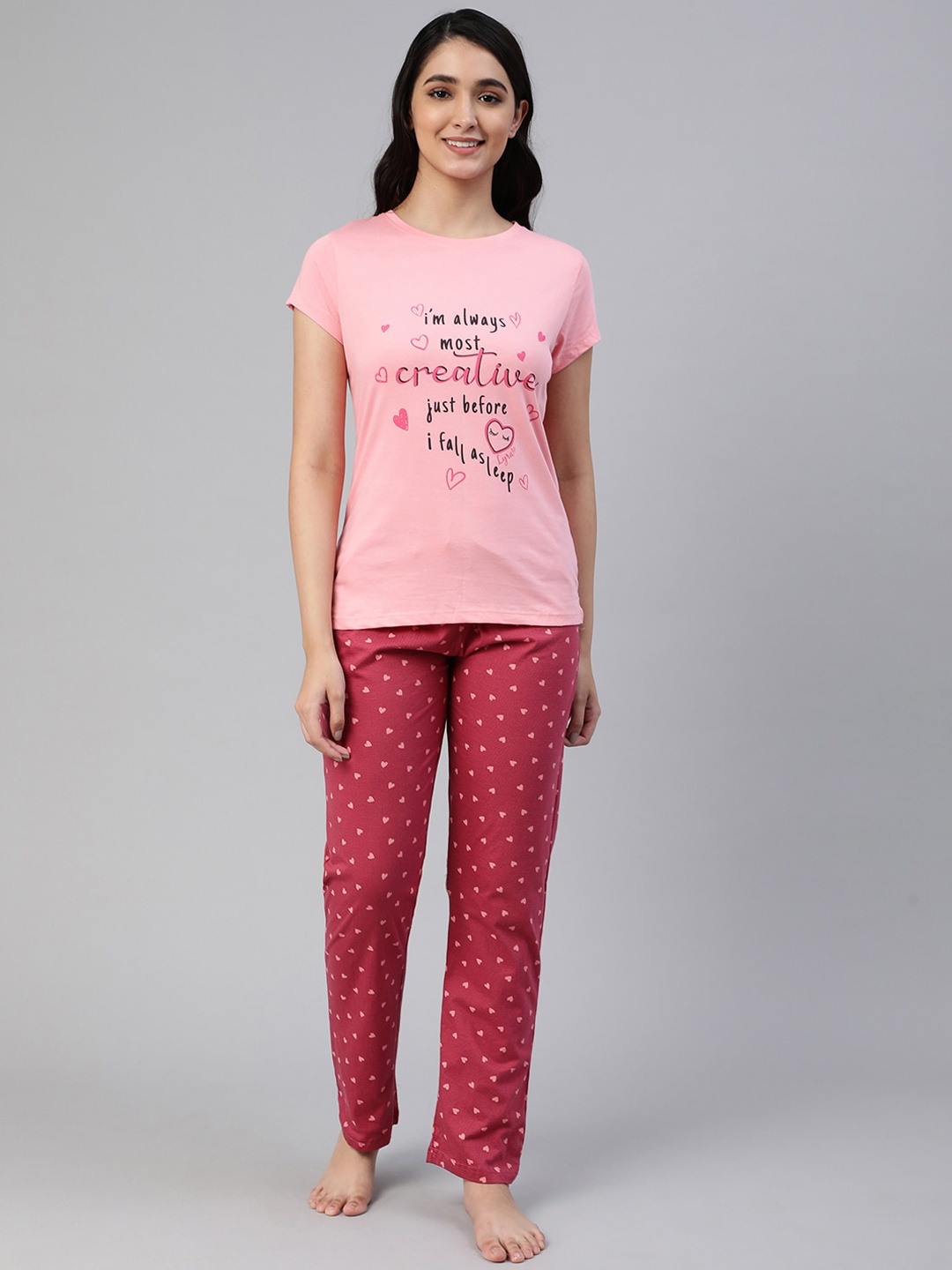 

LYRA Women Conversational Printed Pure Cotton Night Suit, Pink