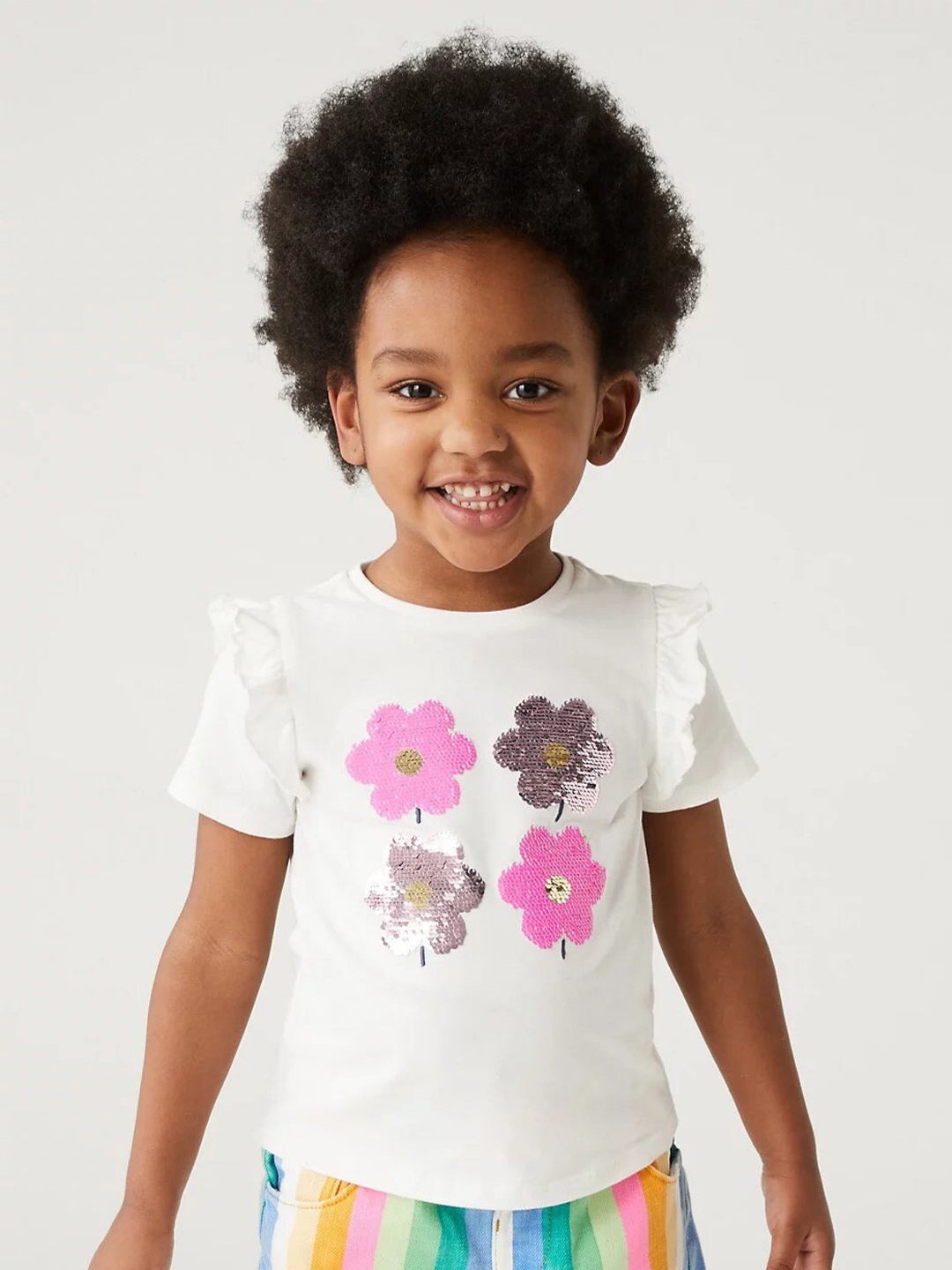 

Marks & Spencer Girls Floral Sequined Pure Cotton T-Shirt, White