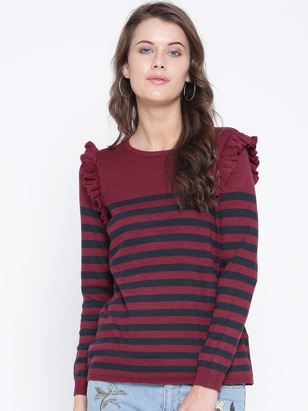 

ONLY Women Maroon & Navy Striped Sweater