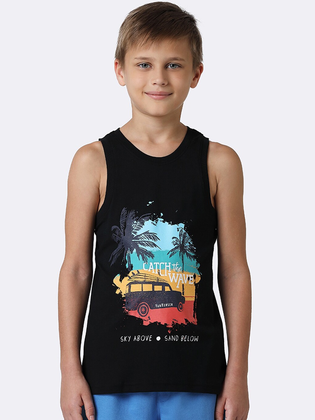 Van Heusen Boys Printed Cotton Basic Vests, Black