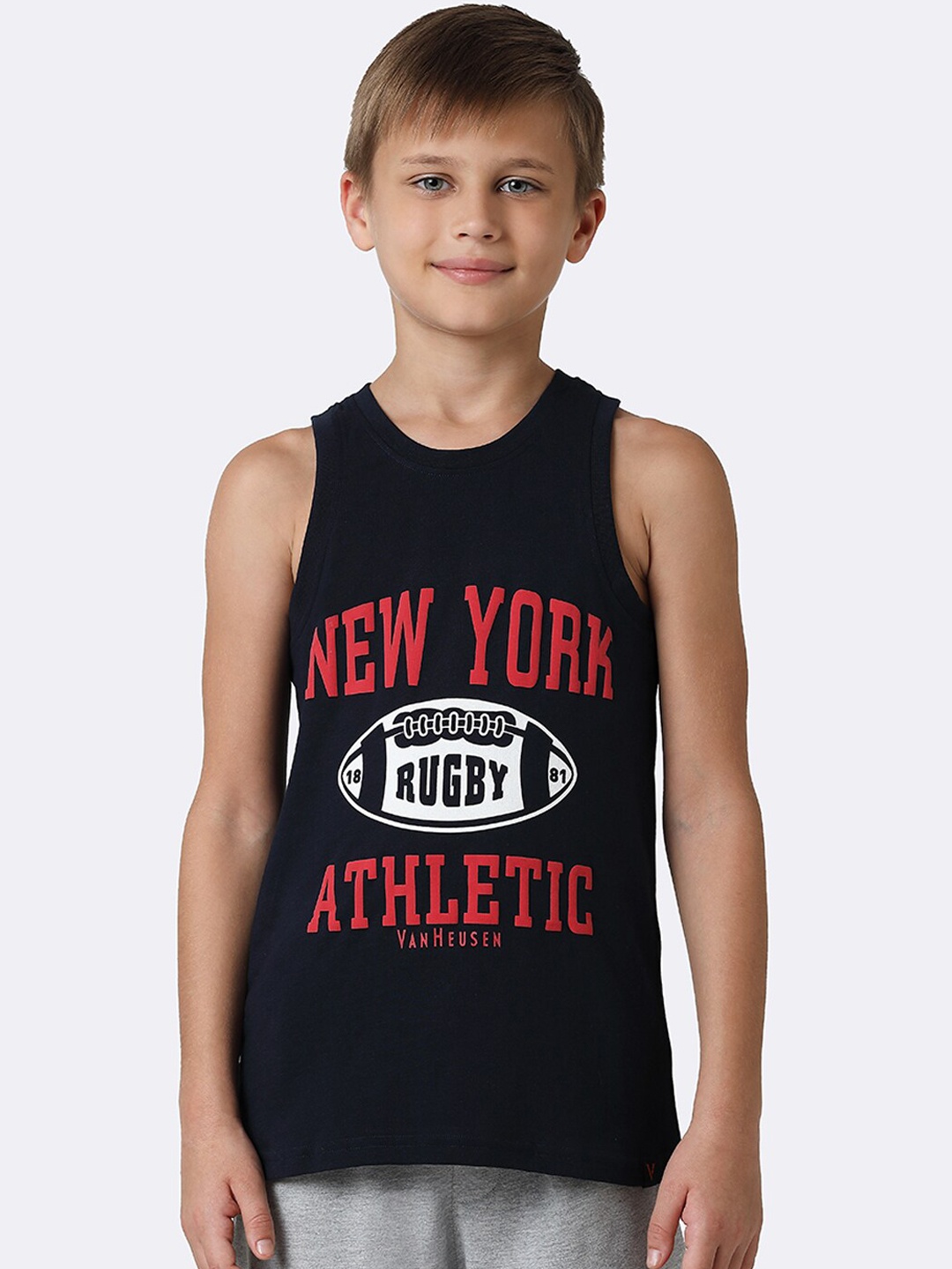 Van Heusen Boys Printed Cotton Basic Vests, Navy blue