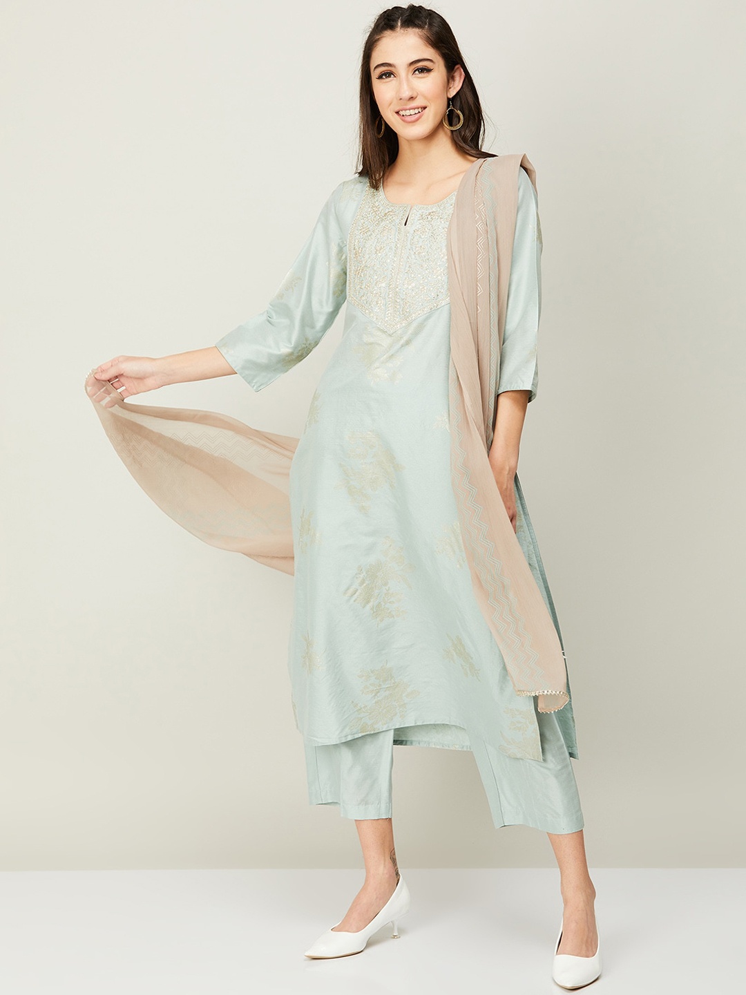 

Melange by Lifestyle Embroidered Sequinned Kurta with Palazzos & With Dupatta, Blue