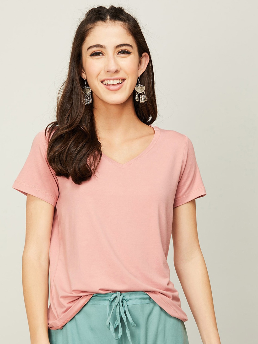 Colour Me by Melange V-Neck Cotton T-Shirt, Pink