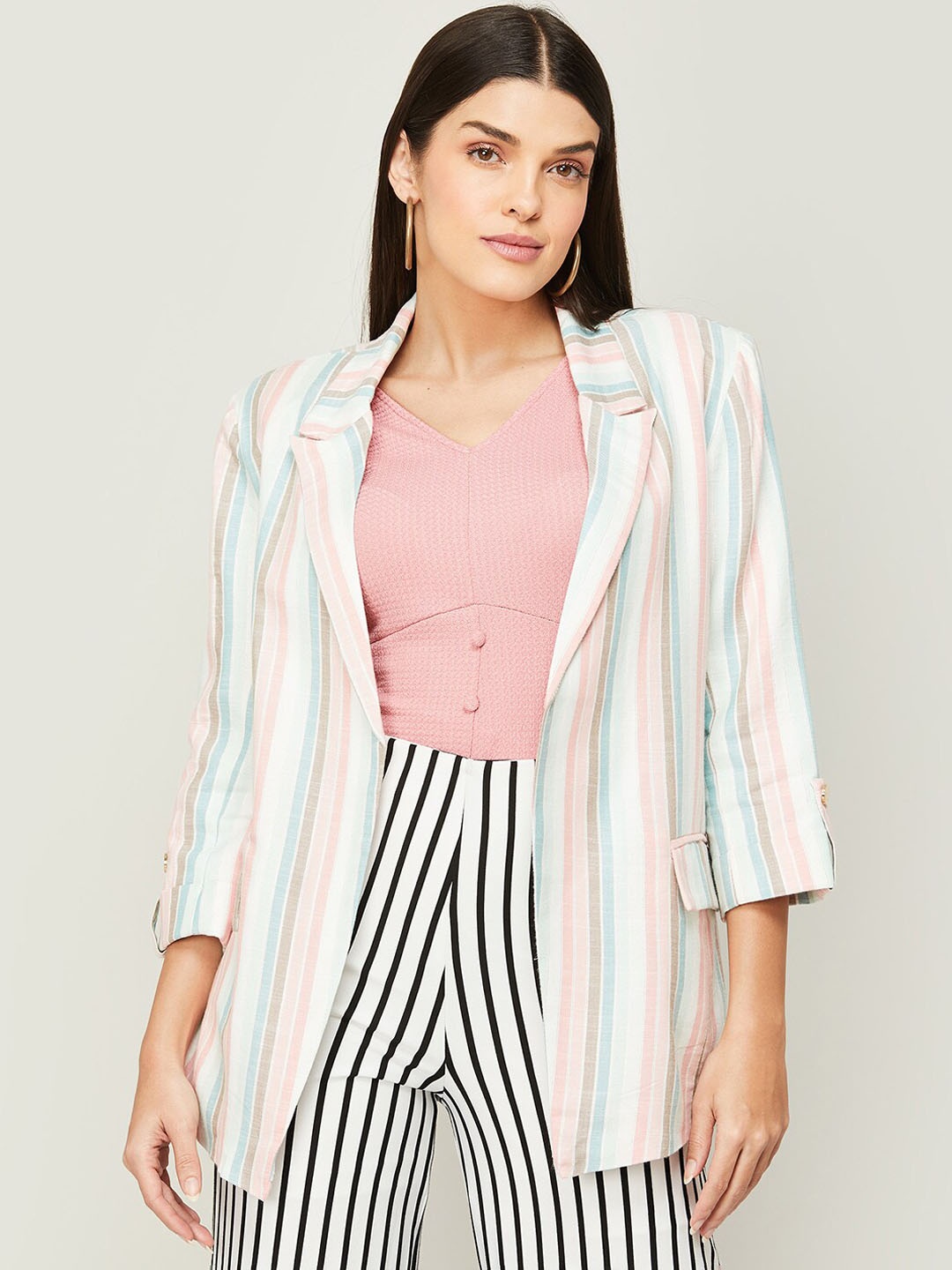 

CODE by Lifestyle Women Striped Notched Lapel Single-Breasted Blazer, Beige