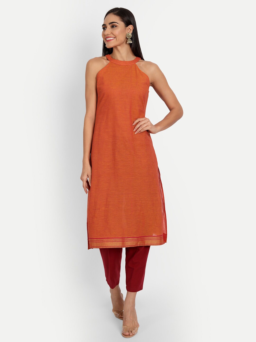 

ESSQUE Women Back Opening Pure Cotton A-Line Kurta, Orange