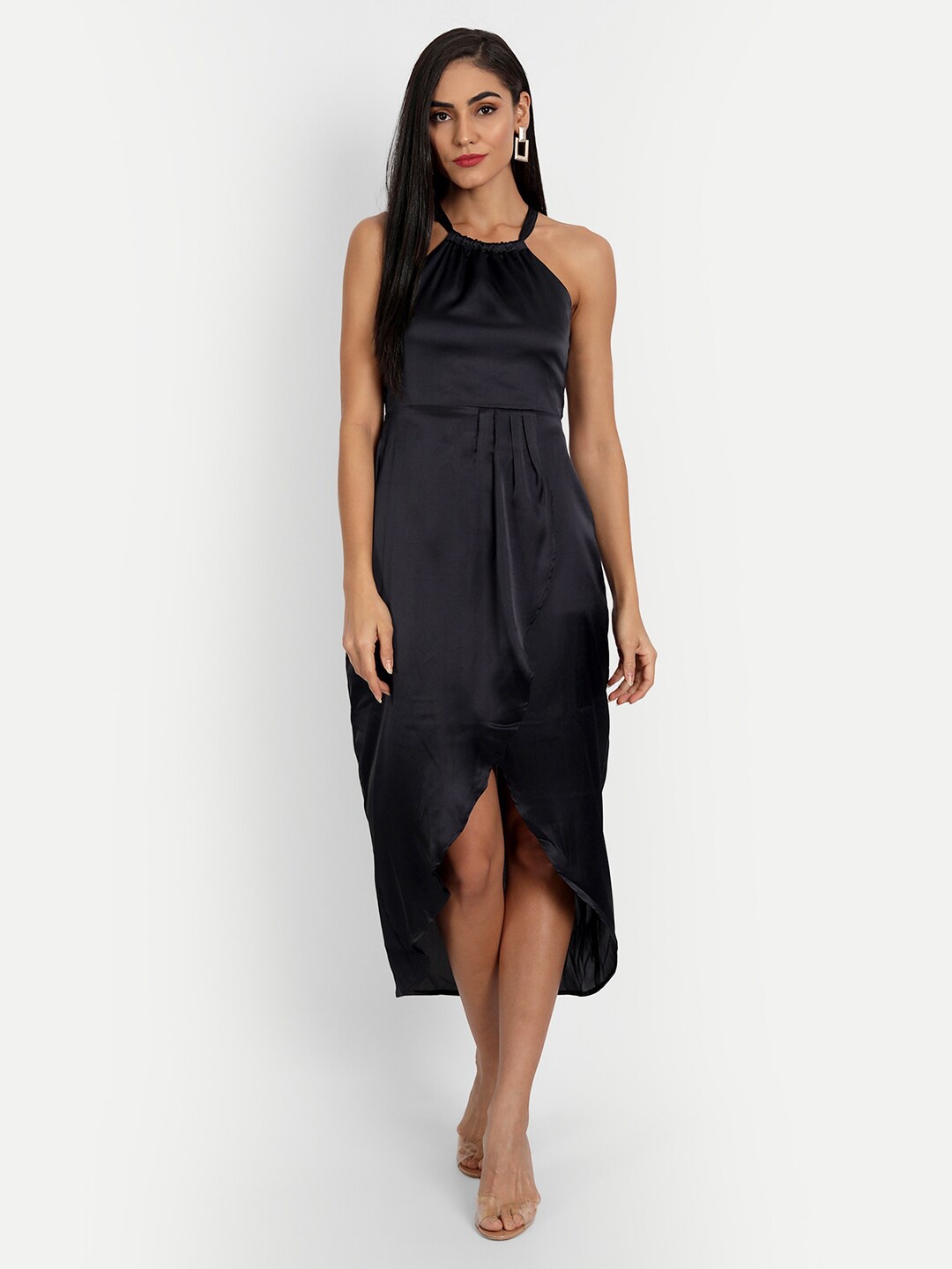 

ESSQUE Satin A-Line Tie-Up Midi Dress, Navy blue