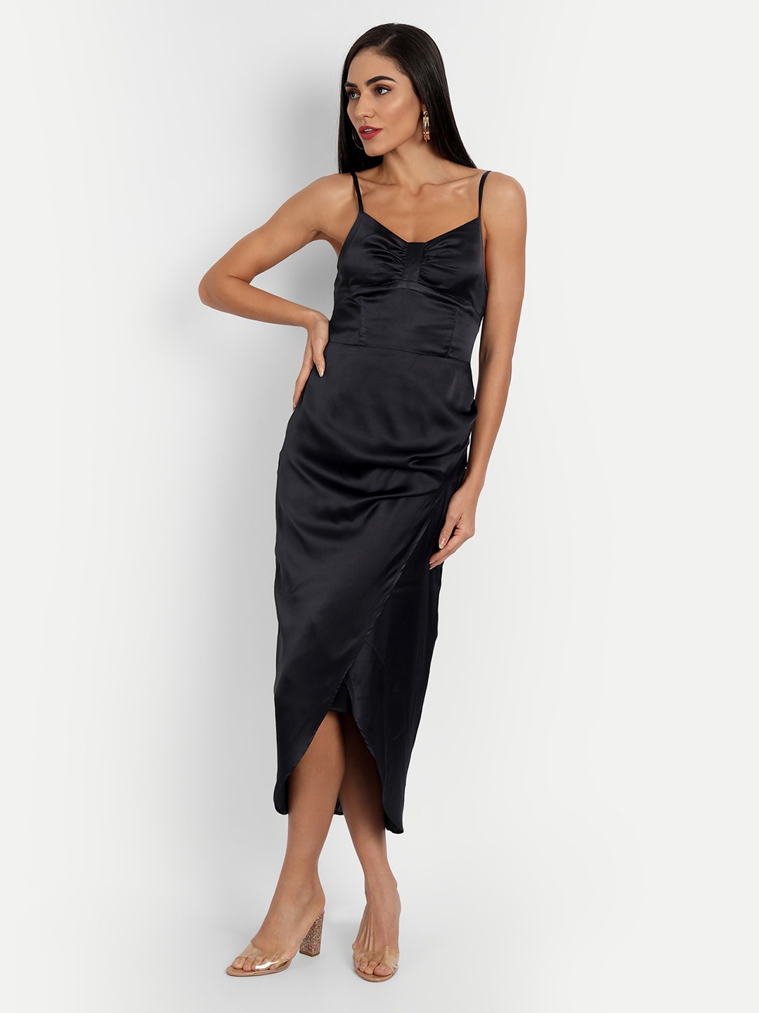 

ESSQUE Satin Sheath Midi Dress, Navy blue