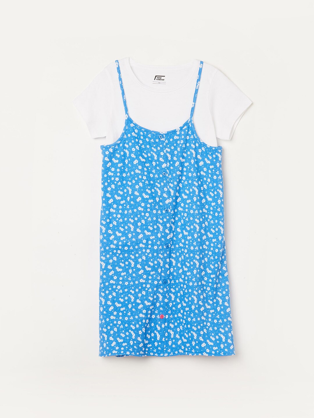 

Fame Forever by Lifestyle Shoulder Straps Floral Printed A-Line Cotton Dress With Top, Blue